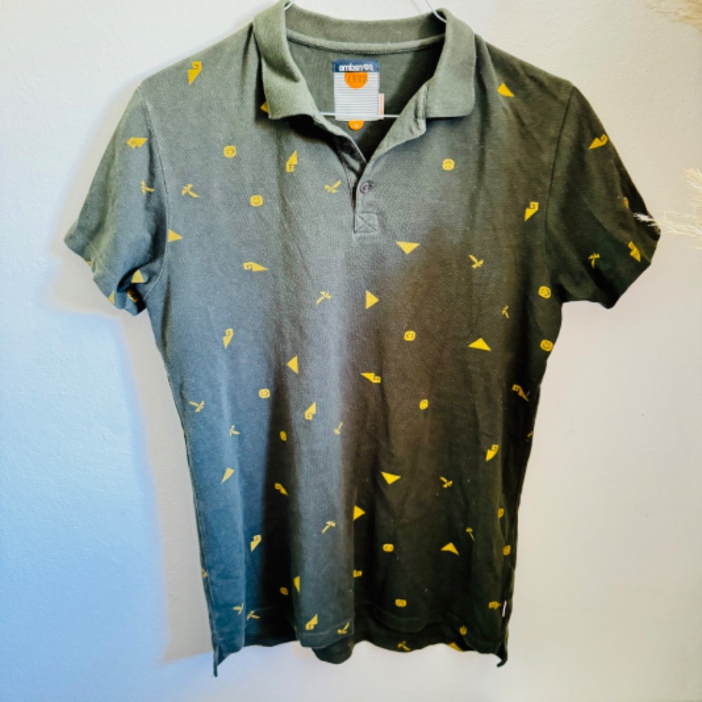 MEN AMBSN CALIFORNIA Forrest Green Print Casual Button Polo Short Sleeve Shirt M